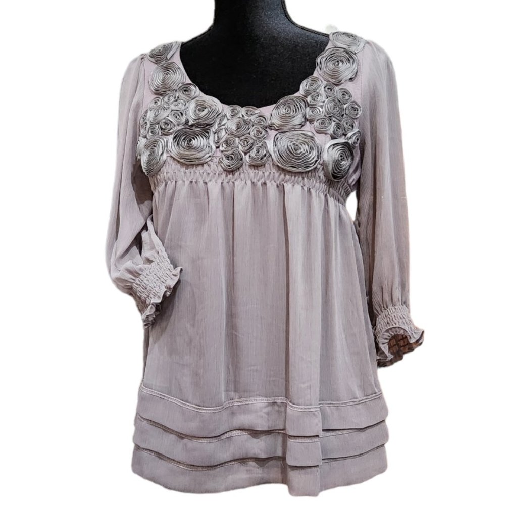 ECI Embroidery Purple Babydoll Flowy Blouse Top Size S